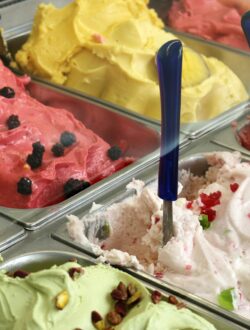 A vibrant array of gelato in various flavors displayed in a shop freezer.